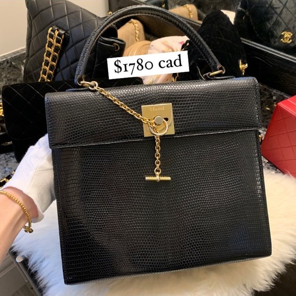 ❌SOLD❌Vintage CELINE lizard Kelly hand bag black gold - Picture 2 of 14
